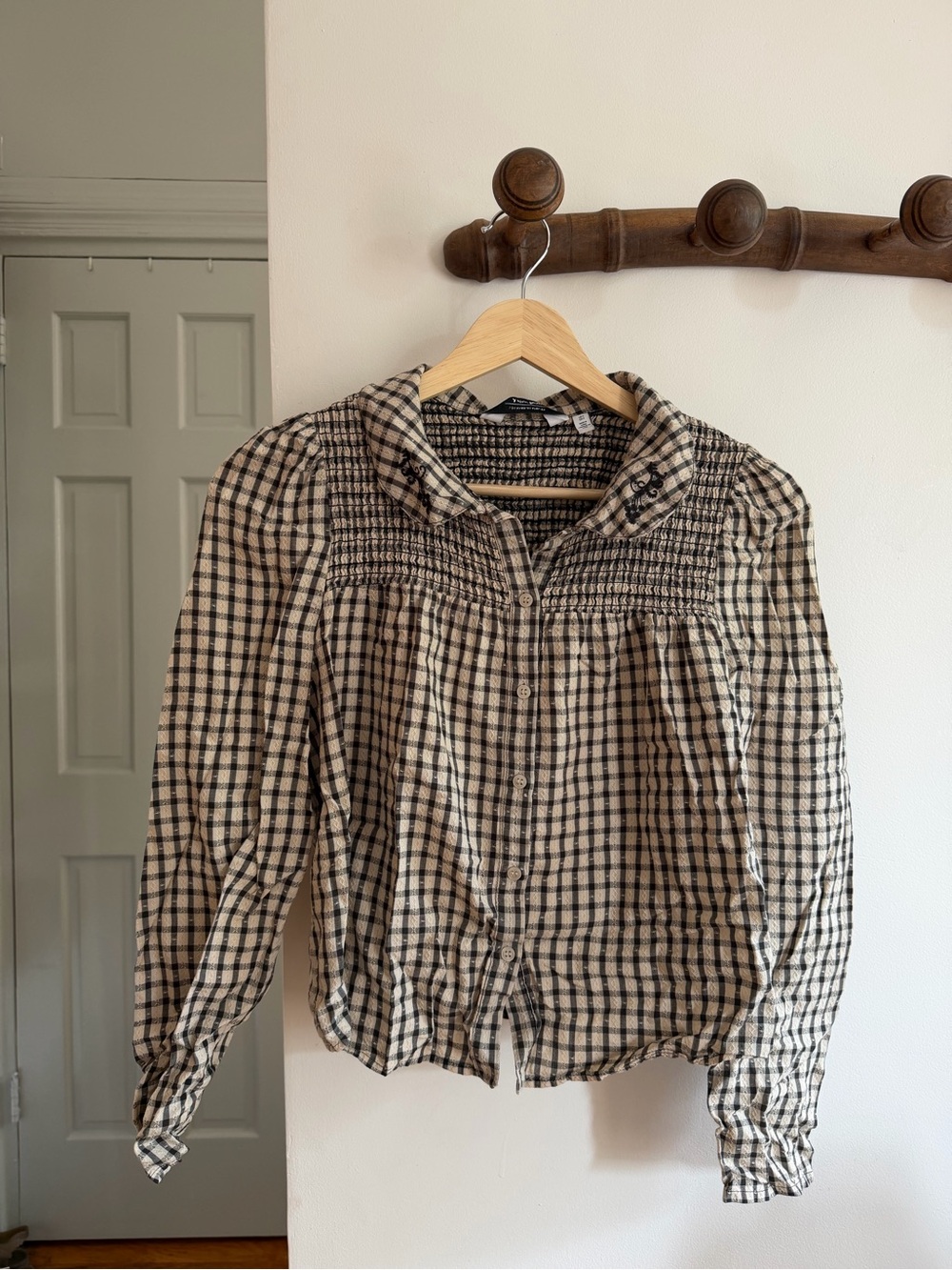Woven Check Button-Front Blouse in Black and Cream